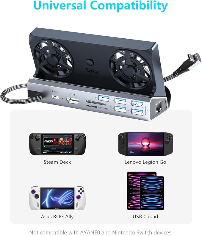 Dual Cooling Fans 13 in 1 Steam Deck Docking Station with 4K@60Hz 5 USB Ports1000MbpsSD/TF SlotUSB-C 100W PD 40Gbps Adapter for Steam Deck/Rog Ally/Switch/Legion Go