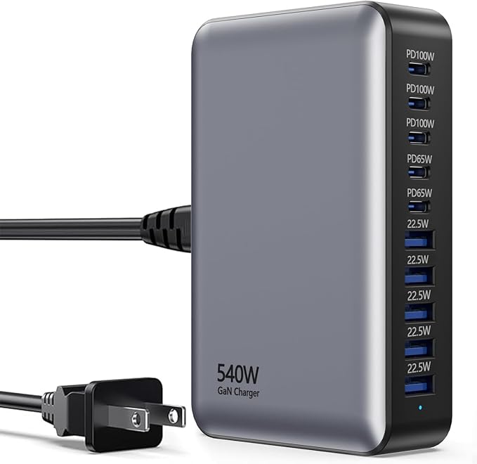 USB C Fast Charger Block USB Charging Station 540W PD 100W Laptop Charger GaN Charging Block 10 Port Multi Port Charer Hub Compatible with LaptopMacBookiPadiPhoneSamsung GalaxyDell