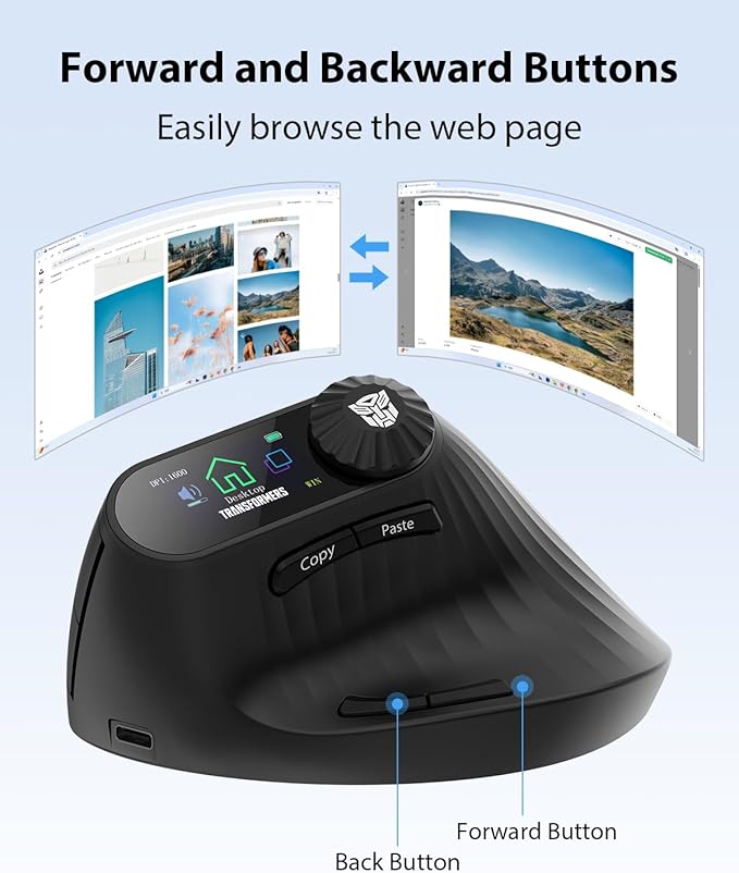 Transformers Vertical Ergonomic Mouse with LED Screen &amp Knob Control Rechargeable Vertical Mouse Wireless 3-Device Connectivity (2.4G + Dual Bluetooth) Quiet Clicks Computer Mice for PC/Mac/La