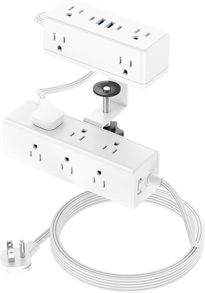 Dual Layer Desk Clamp Power Strip Desktop Edge Mount Surge Protector with 15 AC Outlets &amp 4 USB Ports(20W USB-C) Ultra Thin Flat Plug &amp 10FT Power Cord for Office Home(ETL Listed)