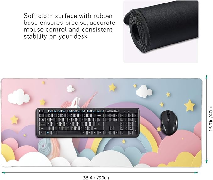 Cute Unicorn Gaming Mouse Pad Non-Slip Rubber Base 2XL Mousepad with Stitched EdgesWaterproof Washable Mouse Mat for Desk Home Office Gaming 16x35.5in