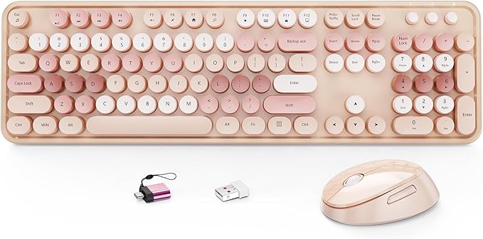 HotFox Wireless Keyboard and Mouse Combo Full-Size Retro Typewriter Keyboard with Round Keycaps Ergonomic Design for Windows PC Home and Office Use -Brown