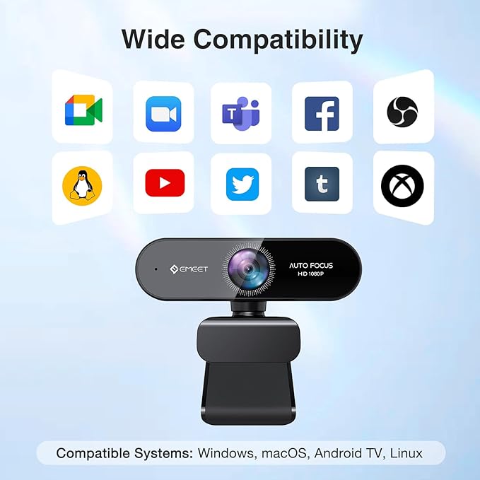 1080P Webcam with Microphone eMeet Nova AutoFocus HD Webcam 96°View Web Camera w/ 2 De-Noise Mics for Laptop/Desktop Plug &amp Play USB Streaming Computer Camera for Conference/Calling/Teaching/Ga