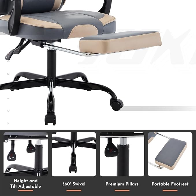 Office Gaming Chairs for Adults Comfortable Computer Gaming Chair with Footrest &amp Headrest and Lumbar Support PU Leather High Back Video Game Chairs (Beige+Blue)
