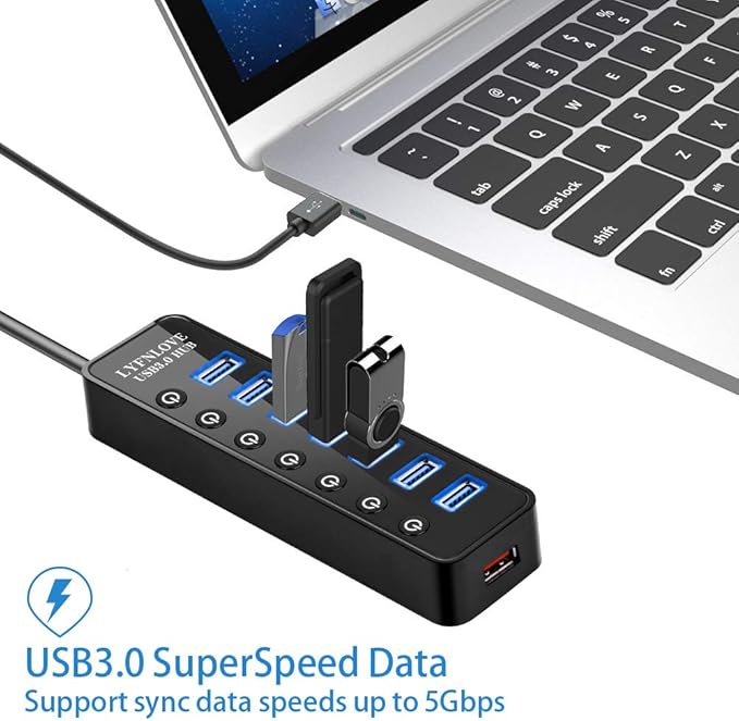 Powered USB Hub 3.0 Extender Multiple Port Hub Splitter for Laptop PC with Power Adapter and Charging Port USB Expander with On/Off Switches for MacBook iMac Surface Pro