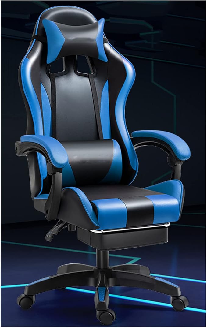 Ergonomic Gaming Chair Comfortable Gaming Chair with Footrest Computer Chair Leather Desk Chair Adjustable Swivel Gaming Office Chair Blue