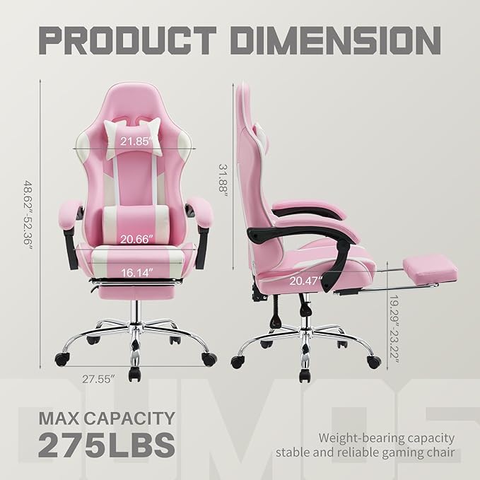 edx Ergonomic Gaming Chair PU Leather Office Computer Chair with Footrest Headrest Linkage Armrests Height Adjustable 360° Swivel Reclining (Pink)