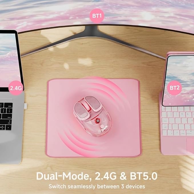 EWEADN Q9 Wireless Clear Mouse Dual Mode Bluetooth &amp 2.4G USB Computer Mouse with RGB Lighting Silent Clicks Multi-Device Compatibility for Laptop PC MacBook iPad Cute Mouse-Pink
