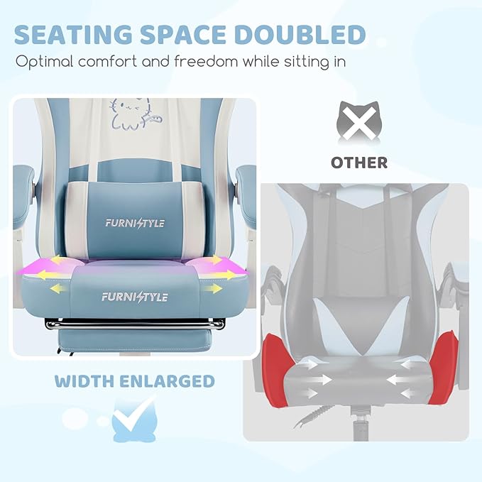 Gaming Chairs Comfy Video Game Chair for Adults with Cat Ears Pocket Spring Cushion Massage Lumbar Support &amp Headrest Ringing Accessories Cute Leather Ergonomic Computer Chair for Girls Blue/Wh
