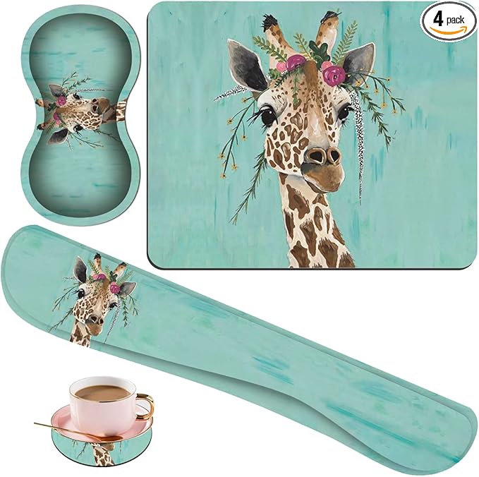 Keyboard Wrist Rest Pad + Square Mouse Pad + Wrist Rest Support Pad + Coaster Ergonomic Memory Wrist Rest Support 4-Piece Combo Set for Gaming and Office Green Rustic Wood and Giraffe