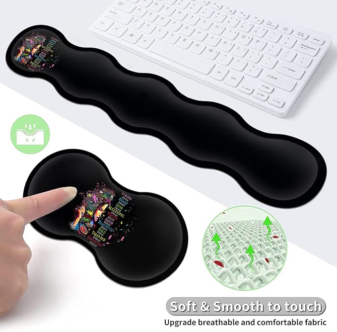 Extended Large Mouse Pad+Keyboard Wrist Rest Support  Ergonomic Memory Foam Wrist Rest 4Pcs (31.5×11.8 in) Desk Pad Set for Home Office Anime African American Woman XXL Gaming Black Mouse Pad