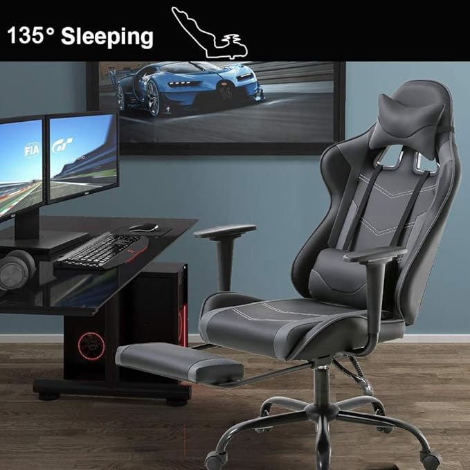 PC Gaming Chair with Footrest Ergonomic Home Office Chair with Lumbar Support &amp Headrest Pillow Height Adjustable Swivel Recliner Racing Computer Video Game Chairs Grey