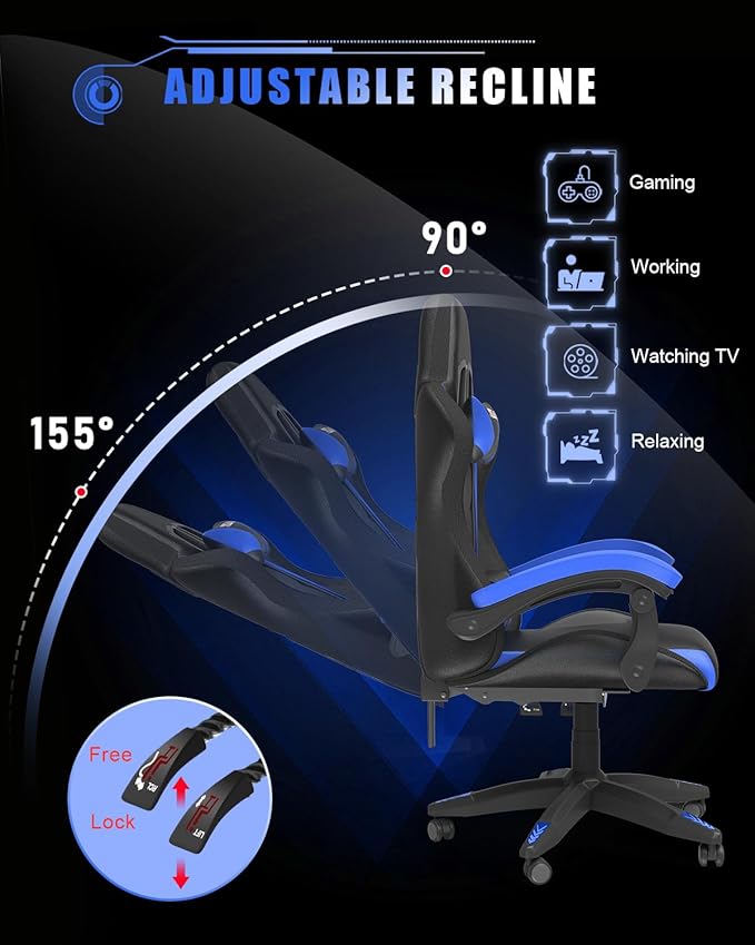 Gaming Chair with RGB LED Lights Ergonomic Computer Chair with Headrest and Lumbar Support PU Leather High Back Height Adjustable Swivel Video Game Chairs for Adults(Blue)