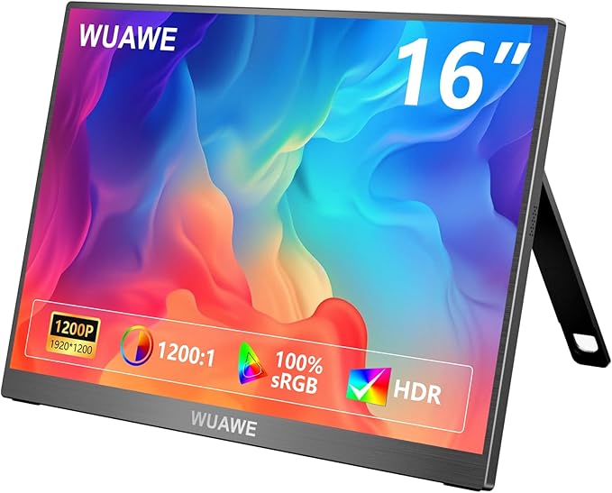 WUAWE Portable Monitor 16 1920x1200P 16:10 IPS Travel Monitor for Laptop with Built-in Stand 100% sRGB Control USB-C HDMIHDR Freesync Display Plug&ampPlay for Phone PS5 Switch(Black)
