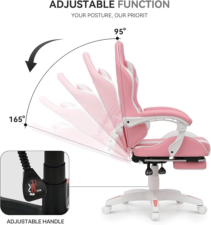 Gaming Chair Ergonomic Computer Chairs with Arms Lumbar Support Footrest Headrest 360°Swivel Chair Adjustable Back and Height Leather PC Chairs for Gaming Study Office Pink