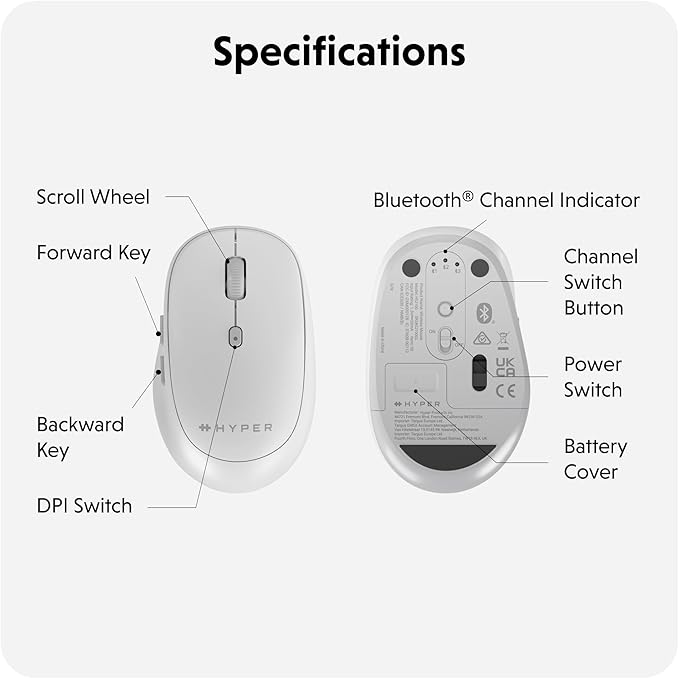 Hyperspace Wireless Mouse Bluetooth 5.0 — Ergonomic Wireless Mouse w/Adjustable Sensitivity Fast Switching Compatible w/MacOS Windows Chrome OS — Pair Up to 3 Devices
