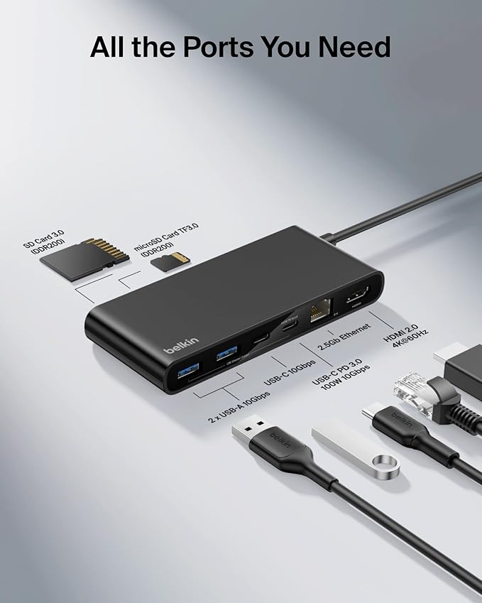 Belkin Connect 8-Port USB C Hub Supports Display w/Resolutions up to 4K@60Hz - Works with Mac Windows and Chromebook - 100W PD w/ 10Gbps Data Transfer Speeds &amp 2.5Gbps Ethernet - Black