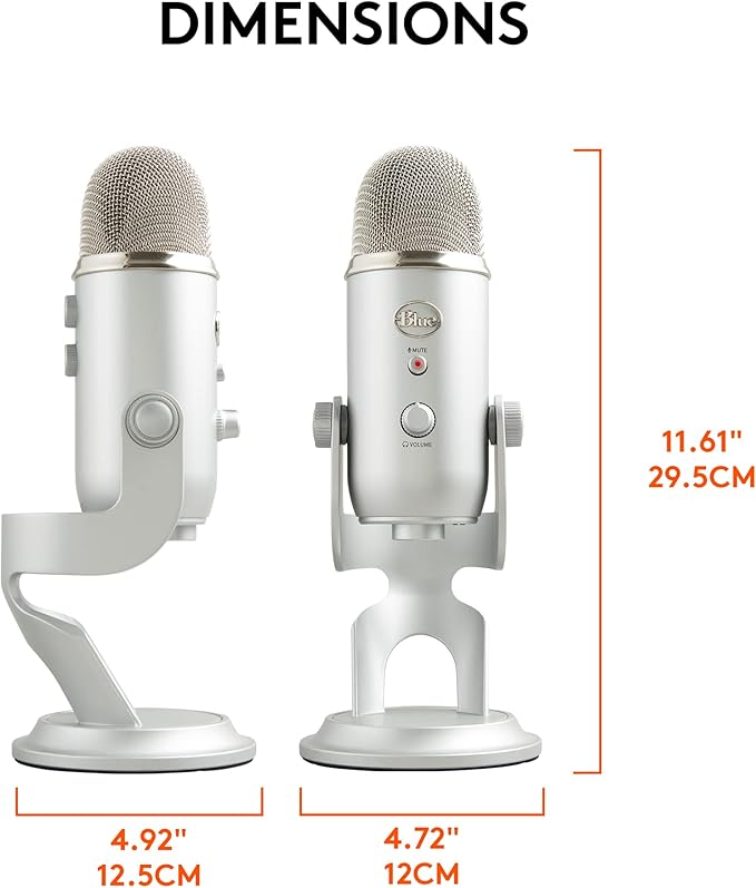 Logitech Creators Blue Yeti USB Microphone for PC Mac Gaming Recording Streaming Podcasting Studio and Computer Condenser Mic with Blue VO!CE Effects 4 Pickup Patterns Plug and Play - Silver