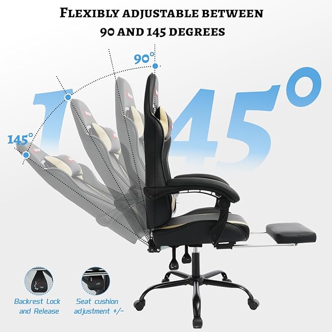 Ergonomic Gaming Chair with Footrest and Lumbar Massage Racing Office Chair High Back Computer Desk Chair with Headrest Pillow for Adults Video Game Chair for PC Gamer (1001-Beige)