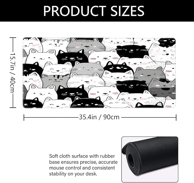 Large Black White Cat Mouse Mat Computer Mousepad with Non-Slip Rubber Base Waterproof Mouse Pad Desktop Keyboard Pad for GamerHome School Laptop Office Accessories16x35.5in