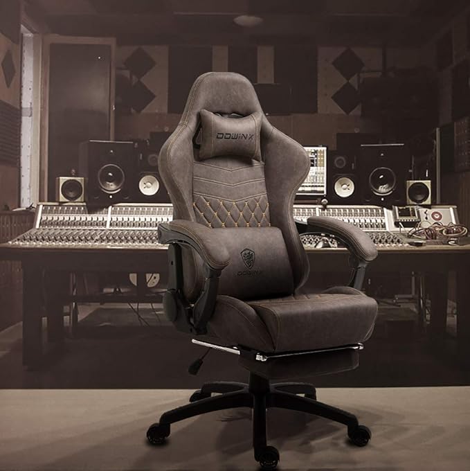 Dowinx Gaming Chair Big and Tall Ergonomic Game Chair for Adults with Footrest and Massage Lumbar Support High Back Computer Gamer Chair PU Leather 350Lbs for Office Home Brown