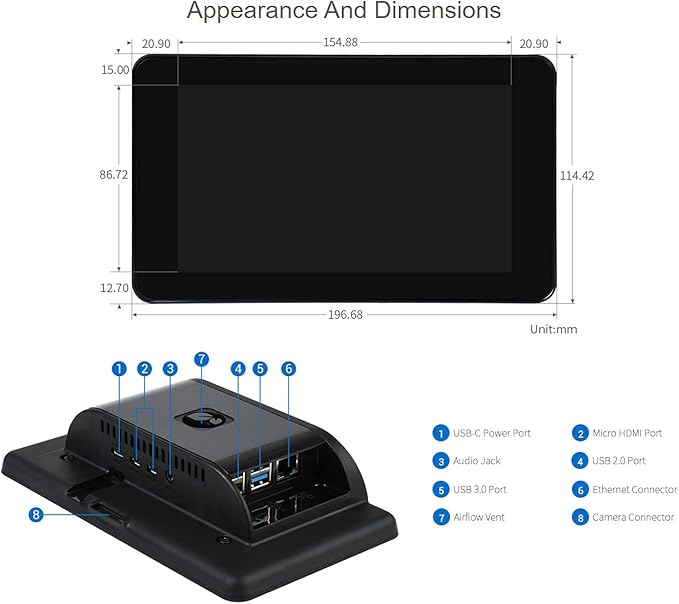 waveshare 7inch Capacitive Touch Display Compatible with Raspberry Pi 4B Comes with Protection Case 800×480 Resolution DSI Interface