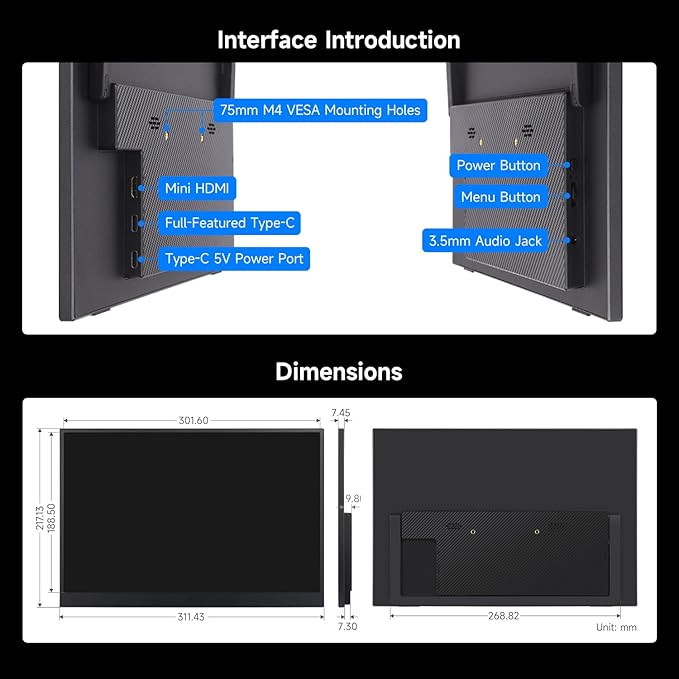 waveshare Luckfox 14inch Portable Monitor with Stand IPS Screen Mini HDMI Interface 1920 × 1200 Full HD 178° Viewing Angle ABS Case 100% sRGB High Color Gamut Supports HDR No Touch