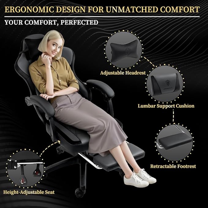 Dowinx 665TE0A Gaming Chair with Pocket Spring Cushion Ergonomic Computer Chair with Massage Lumbar and Footrest for Adults High Back Game Chair Leather for Office Gaming 300LBS