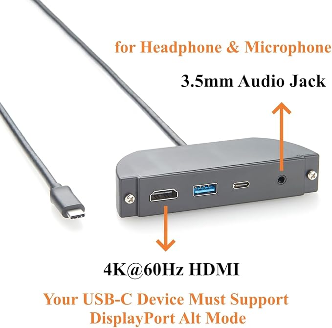Screw Panel Mount USB C Hub 4-in-1 Multiport Adapter with 4K@60Hz HDMI 10Gbps USB-A &amp USB-C Data Ports 3.5mm Audio Headphone &amp Microphone Jack for Embedded System PC Control Cabinets (1.