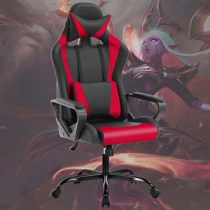 Ergonomic Gaming Chair High Back PU Leather Office Chair with Adjustable Lumbar Support &amp Headrest – Swivel Computer Desk Chair for Adults Teens Kids – Heavy Duty Executive Red Game Chair-Red
