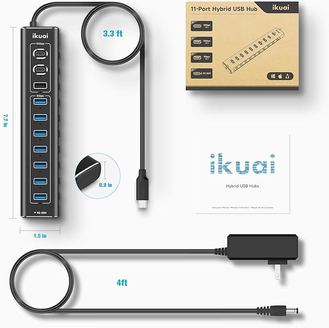 Powered USB Hub 11-Port ikuai Hybrid USB 3.2/ USB C Hub with PD Charging Port and 60W Power Adapter Aluminum USB Splitter Including 3 10Gbps Ports and 7 USB 3.0 Ports for PC Laptop and More