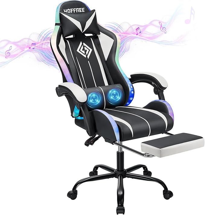 HOFFREE RGB Gaming Chair with Speakers Massage Computer Gaming Chair with LED Lights and Footrest High Back Video Game Chair for Adults White and Black