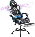 HOFFREE RGB Gaming Chair with Speakers Massage Computer Gaming Chair with LED Lights and Footrest High Back Video Game Chair for Adults White and Black