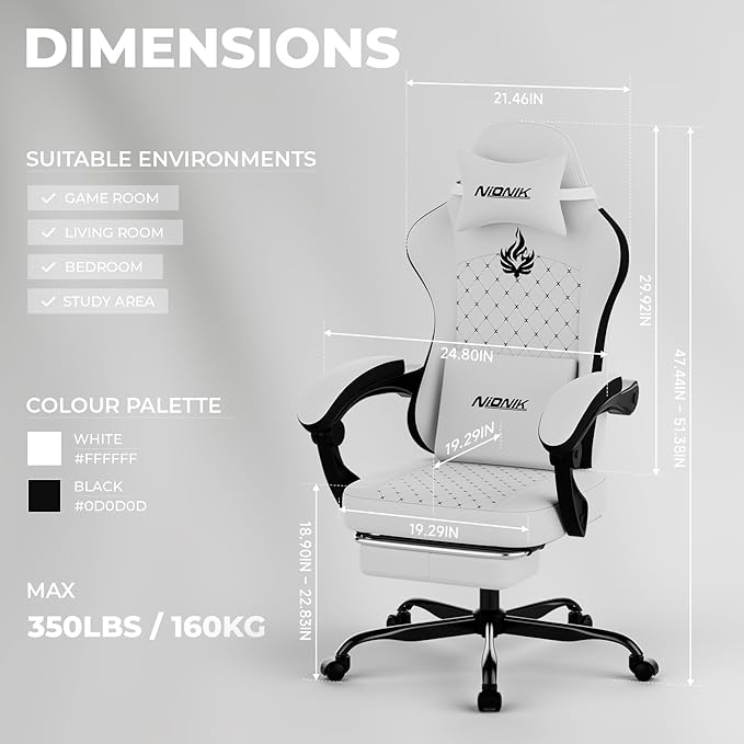 Gaming Chair with MassageErgonomic PC Gaming Chair Computer Chairs with Footrest Comfortable Headrest and Lumbar Support High Back WHITEBLACK