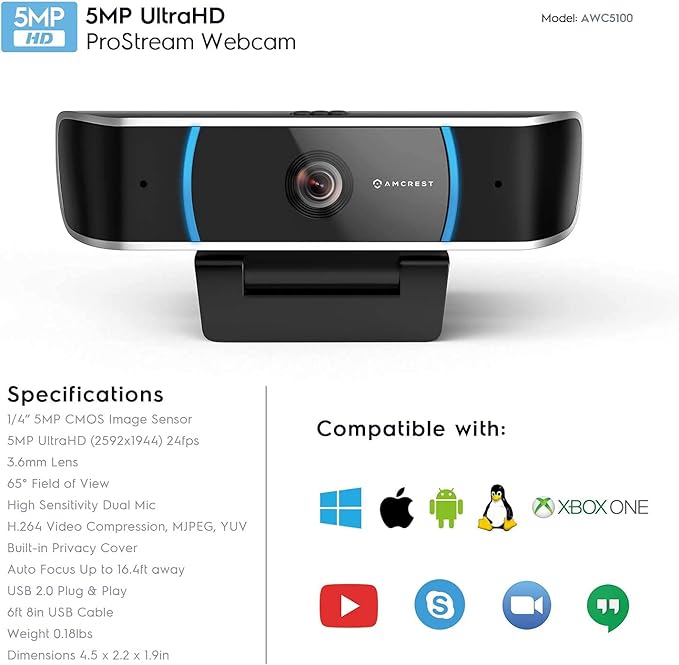 Amcrest 5-Megapixel Webcam with Microphone Web Cam USB Camera Computer HD Streaming Webcam for PC Desktop &amp Laptop w/Mic Wide Angle Lens &amp Large Sensor for Superior Low Light (AWC5100)