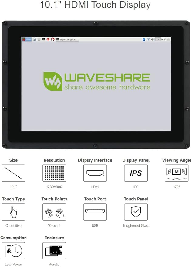 waveshare 10.1inch Capacitive Touch Screen LCD Compatible with Raspberry Pi 5/4B/3B/Zero/Zero W/Zero 2W/Pico/Pico W/Pico WH Comes with Case and Toughened Glass Cover 1280×800 Resolution HDMI IPS