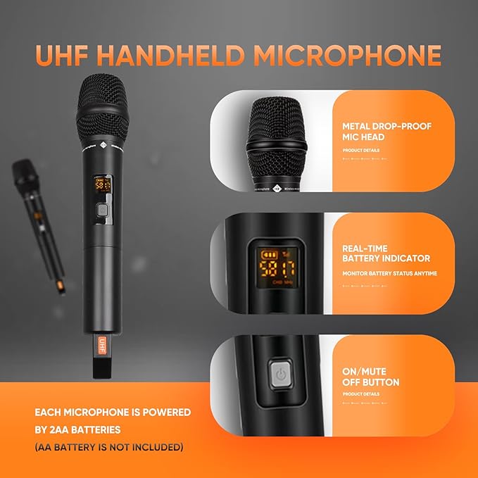 Wireless Microphone System Metal Dual UHF Cordless Handheld Dynamic Karaoke Mic Set Auto Scan Long Range 200ft for Home Karaoke Singing DJ Party Church Wedding Speech (UM203)
