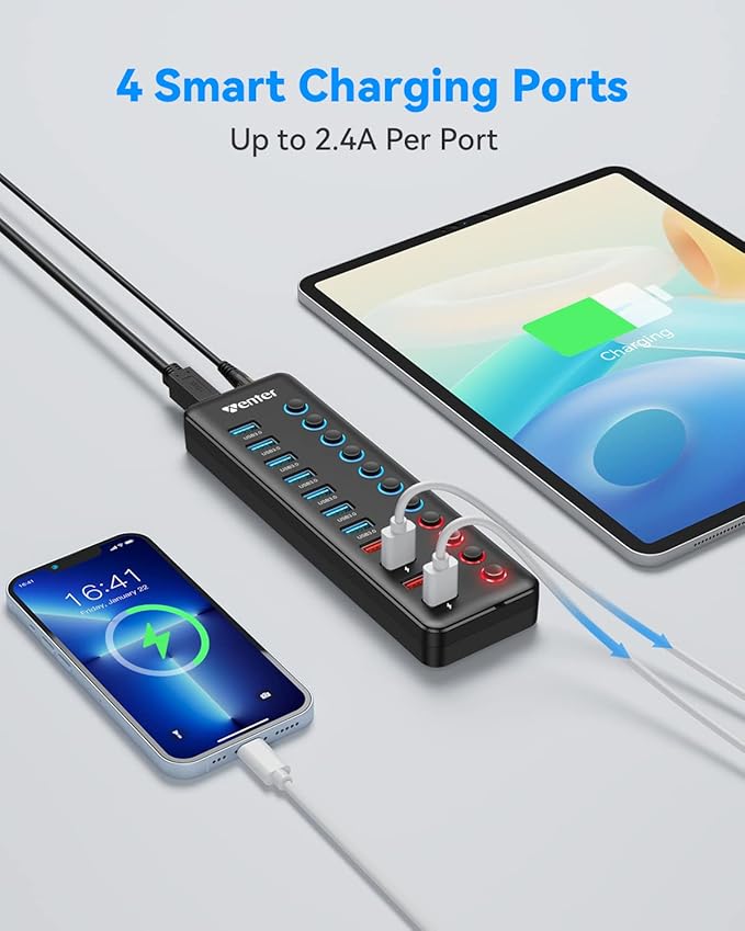 Powered USB 3.0 Hub Wenter 11-Port Hub Splitter (7 Faster Data Transfer Ports+ 4 Smart Charging Ports) with Individual LED On/Off Switches Power Adapter for Mac PC