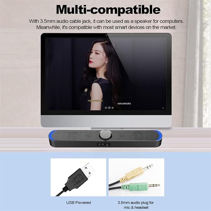 Computer Speakers for Desktop USB Powered Speaker Bar Portable Computer Speakers 3.5mm Audio Mic Plug Wired Soundbar Speaker for PC Tablet Laptop(OneColor)