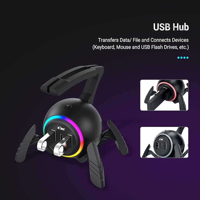 KIWIFOTOS Mouse Bungee RGB Gaming Mouse Cord Holder Controller Upgraded Flexible Cable Management Smart RGB LED Lights 2 Port USB Hub &amp 1 Type-C Spider Mouse Wire Holder