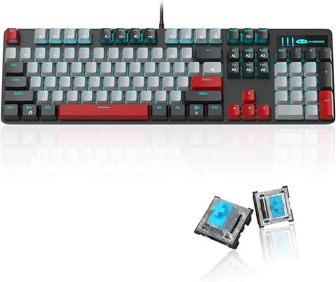 MageGee Mechanical Gaming Keyboard New Upgraded 104 Keys Blue Backlit Keyboards with Blue Switches USB Wired Mechanical Computer Keyboard for Laptop Desktop PC Gamers(Black &amp Gray)