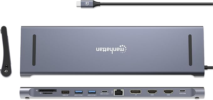 Manhattan USB C Docking Station 2 HDMI 3 Monitor Station 12 in 1 Triple Display Laptop Docking Station with 5Gbps USB-A/C 3.1 USB 2.0 100W PD Ethernet Audio SD/TF Card Slot- 190305