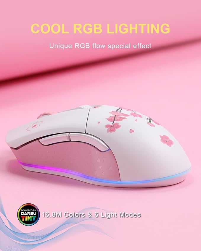 DAREU Sakura Pink Wireless Wired Gaming Mouse Dual-Mode Rechargeable 6 Programmable Buttons10K DPIRGB and 7 Adjustable DPI Levels up to [150IPS] [1000Hz Polling Rate] for PC Notebook Mac