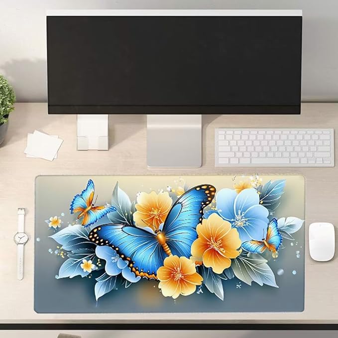 Large Mouse Pad Butterfly Desk Mat Blue Office Gaming Mouse Pad with Stitched Edges 40x20in Extended Mousepad with Non-Slip Waterproof Rubber Base for PC Laptop Desk Home Office Accessories a-1438