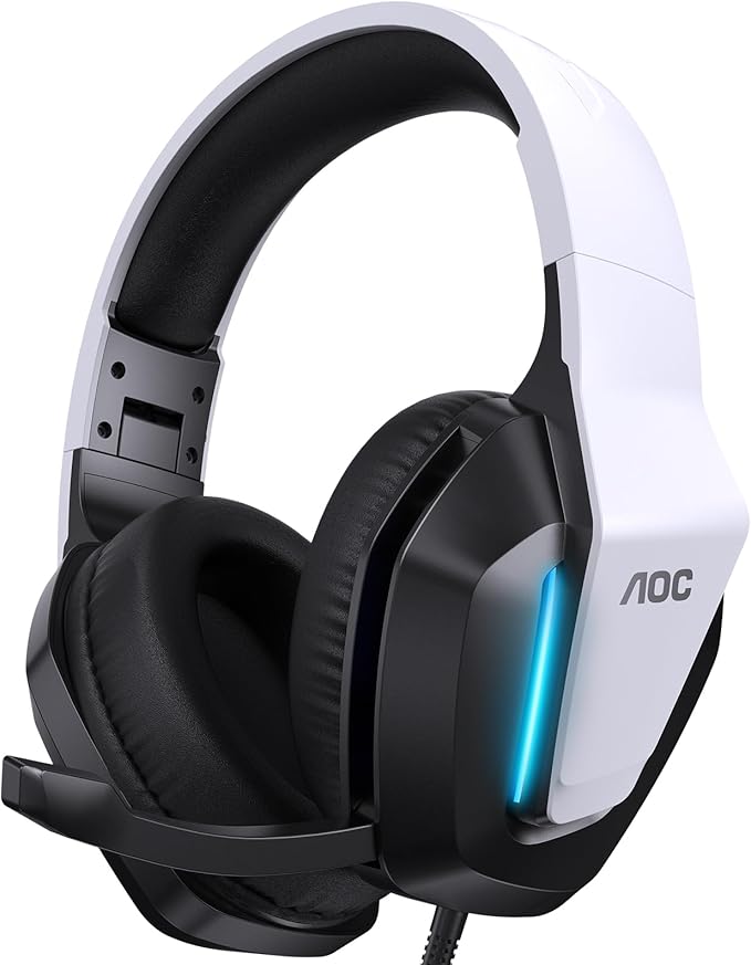 AOC Gaming Headset for PS5 PS4 PC Mac Switch Xbox Series Surround Sound RGB Gaming Headphones with Noise Canceling Microphone 50MM Dynamic Drivers 3.5MM Audio Jack White