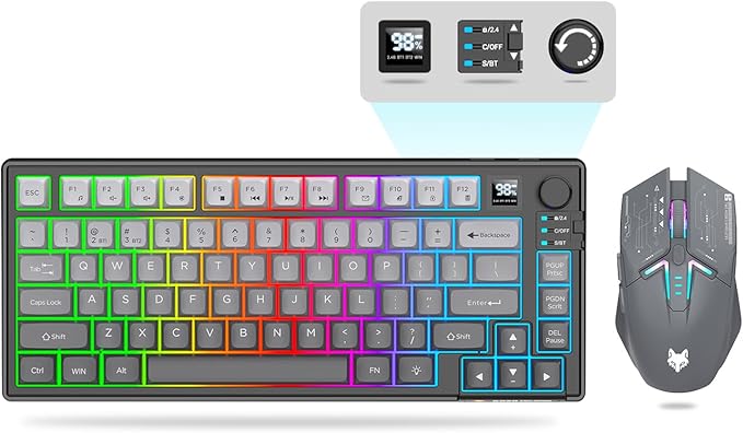 75 ％ Wireless Gaming Keyboard and Mouse Combo Tri-Mode BT5.0/2.4GHz/USB-C RGB Backlit Keyboard + 3D 1600DPI Mice 2000mAh Battery 80 Keys Knob Volume Control (Gradient Gray)