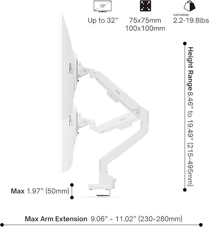 Pixio PXC279WAVE White 27 inch 300Hz Refresh Rate FHD 1080p Resolution 1650R Curve Fast VA Panel 1ms GTG Response Time HDR Curved Gaming Monitor and PS1S Wave White Single Monitor Arm