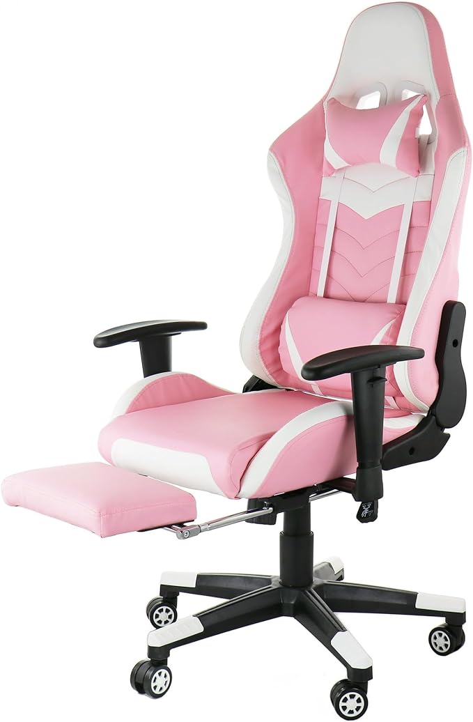 Ergonomic Gaming Chair with Footrest Adjustable Reclining Gamer Chair with Lumbar and Head Pillow Support Swivel Office Gaming Chair with Pleather Upholstery High-Back Chair (Pink)