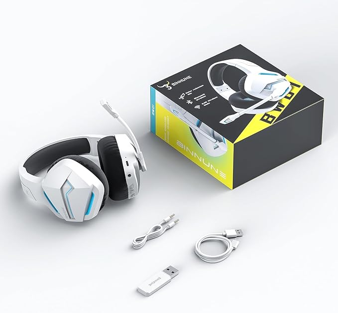 BINNUNE 2.4GHz Wireless Gaming Headset Bluetooth 5.3 Gaming Headphones with Noise Canceling Mic 120H Ultra-Long Battery 50mm Drivers Multi-Platform for PC / PS5 /PS4/ Switch/Mobile White