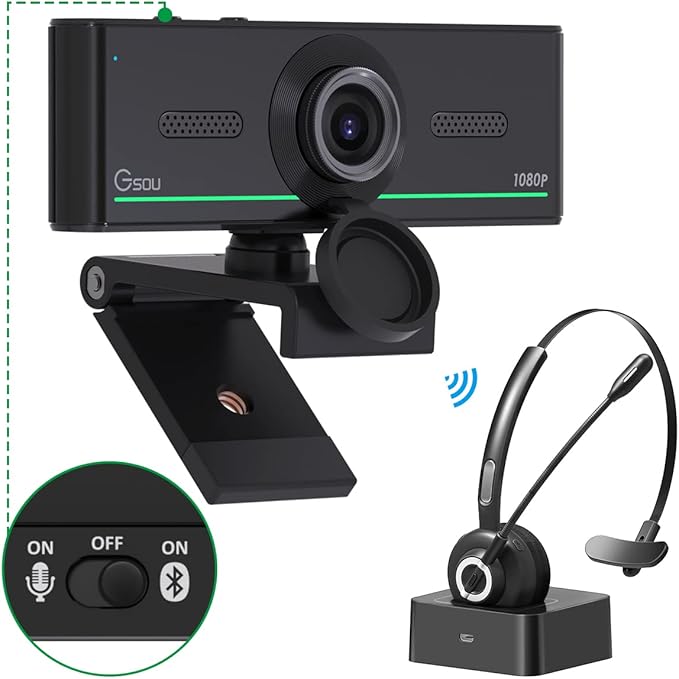 Gsou Webcam with Headset and Microphone 1080P Webcam with Privacy Cover Plug and Play Web Camera for Desktop Computer Zoom Meetings Audio Bluetooth only for Headset